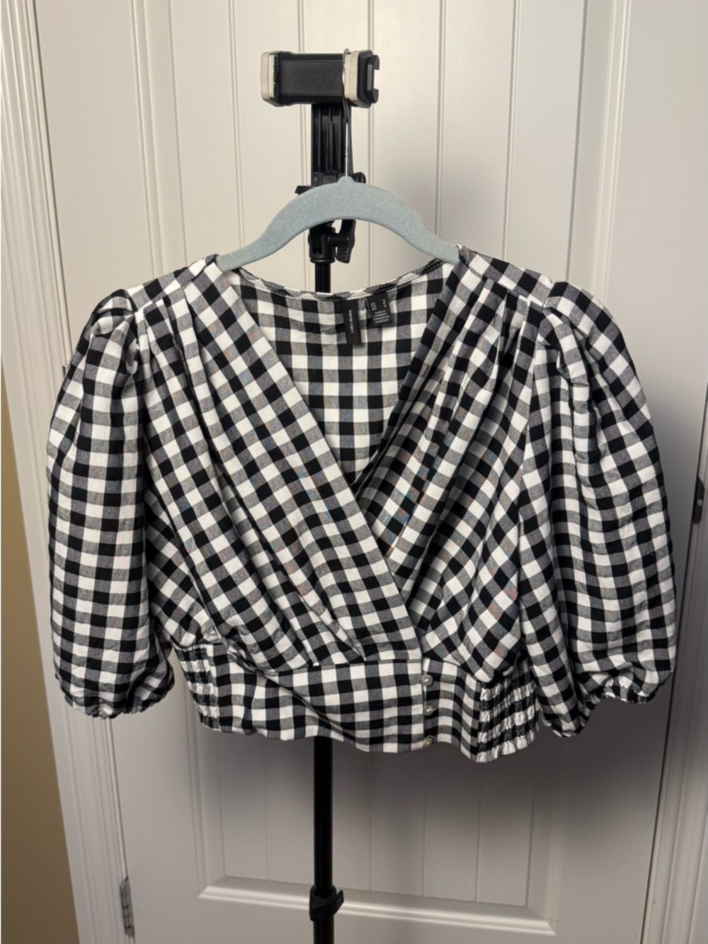 Vero Moda Black & White Gingham Puff-Sleeve Wrap Blouse